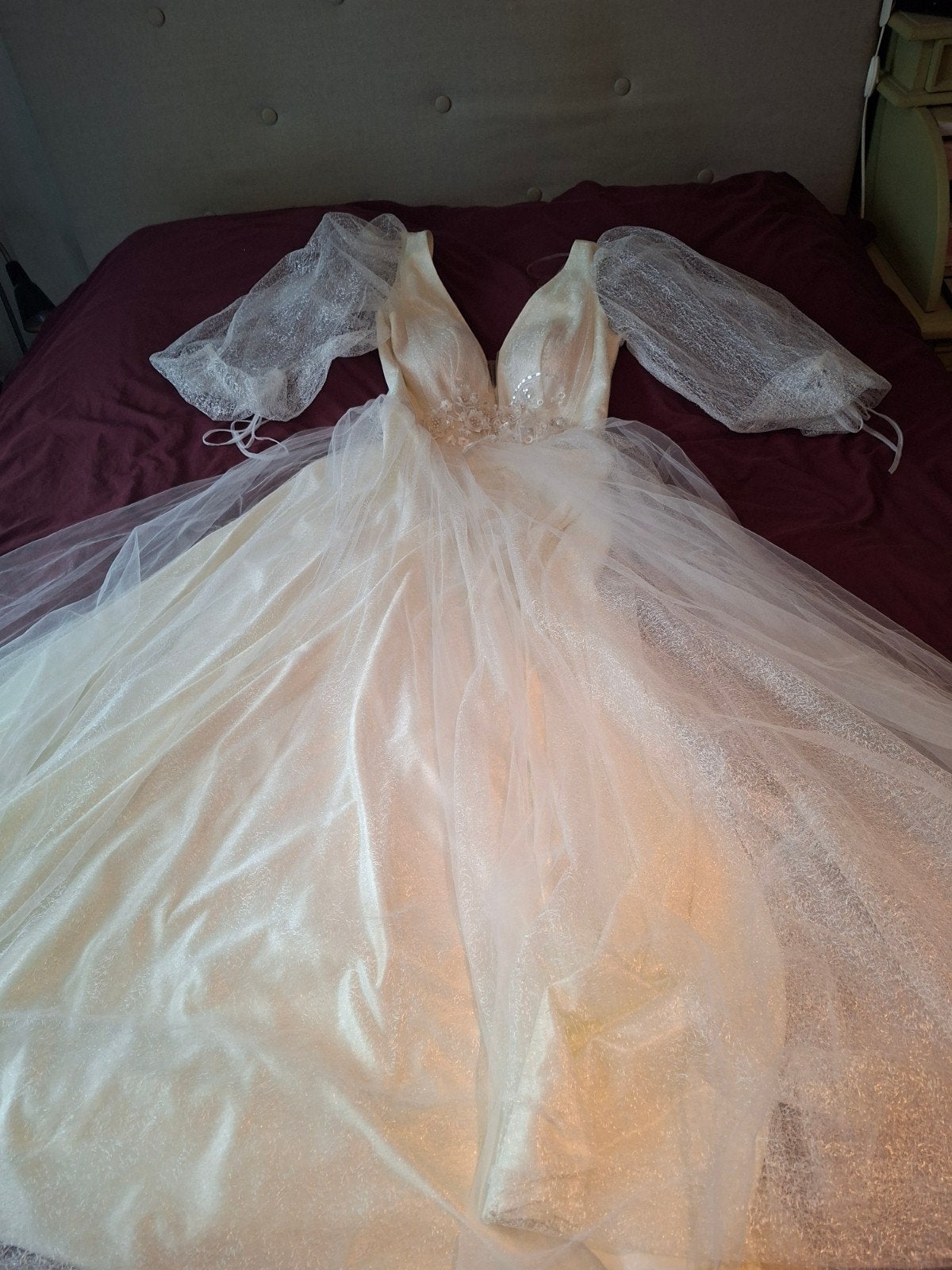 DIDI Trouwjurk met pofmouwen en glitter tule, Trouwjurk, Verzenden, Wit, DIDI