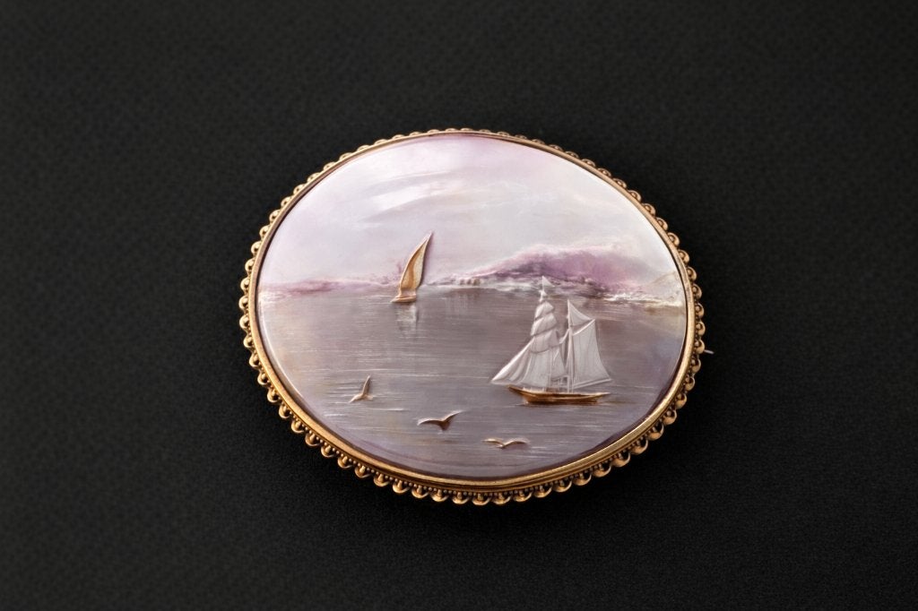 Antieke Camee Broche -Maritiem Tafereel - Goud Omlijsting, Sieraden, Tassen en Uiterlijk, Ophalen, Goud, Broche, Met edelsteen