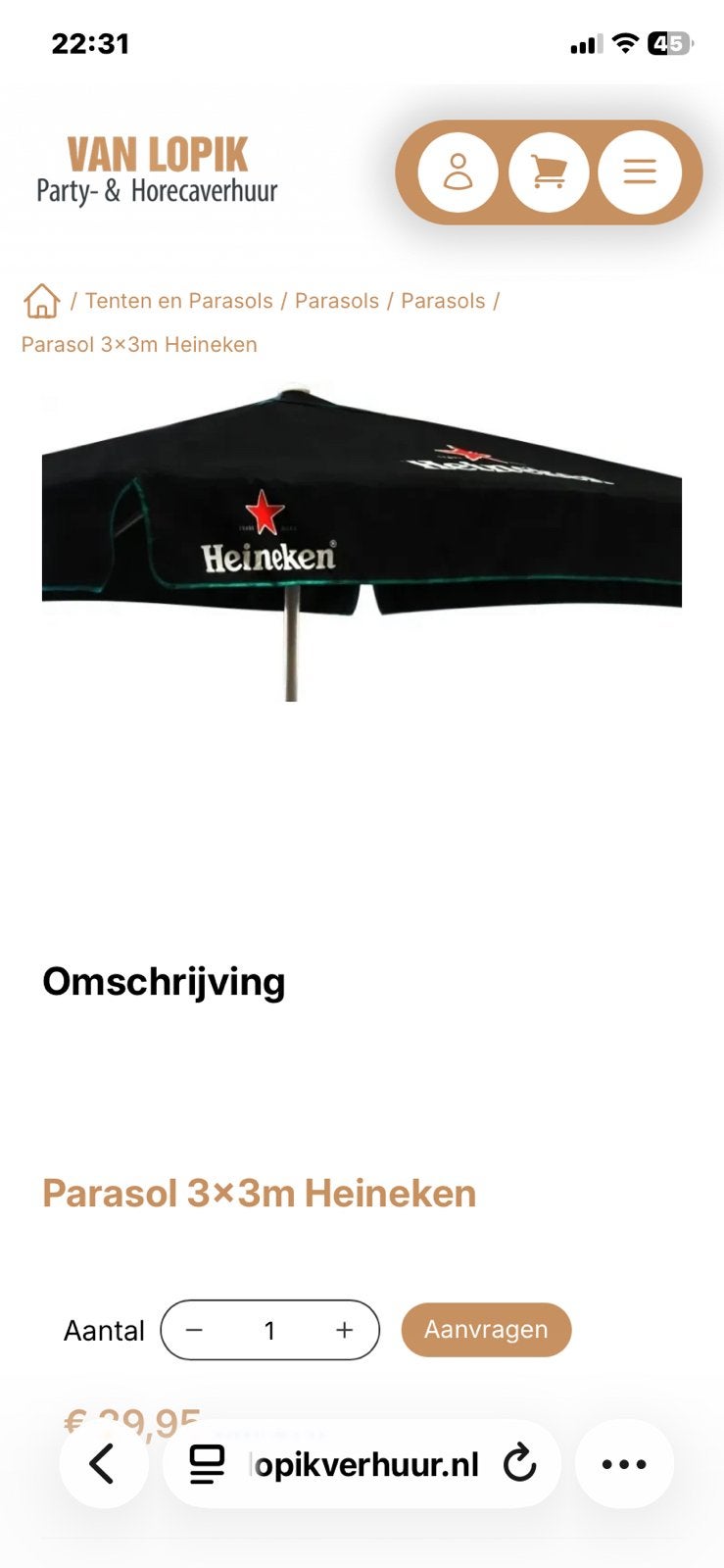 2 heineken parasols 3.00x3.00, Tuin en Terras, Ophalen, Nieuw, Waterdicht, Stokparasol