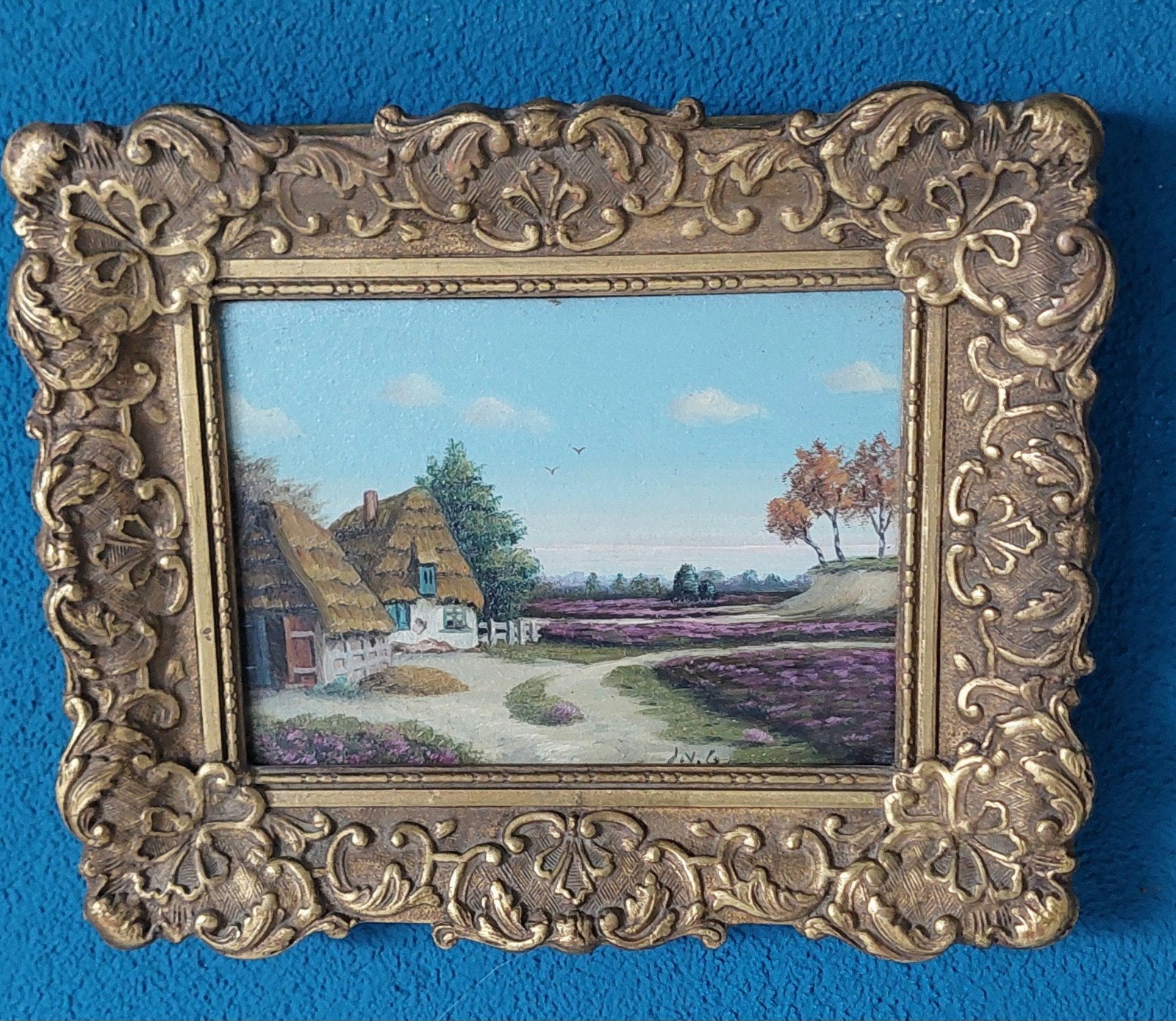 Oud schilderij Boerderij (klein) 18cm x 13cm, Paneel, Ingelijst, Ophalen of Verzenden, Landschap