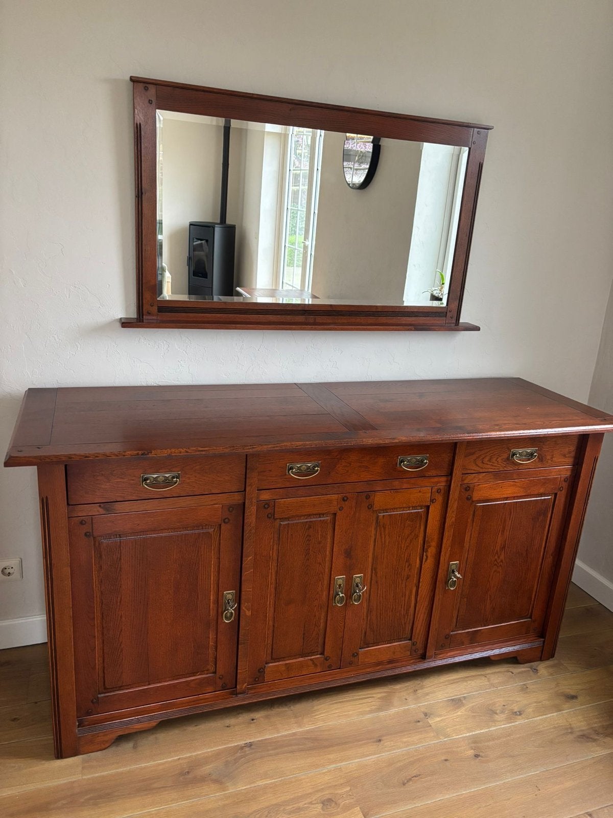 Eikenhouten Dressoir met Spiegel - Kersen kleur, Ophalen, Gebruikt, 150 tot 200 cm, Eikenhout