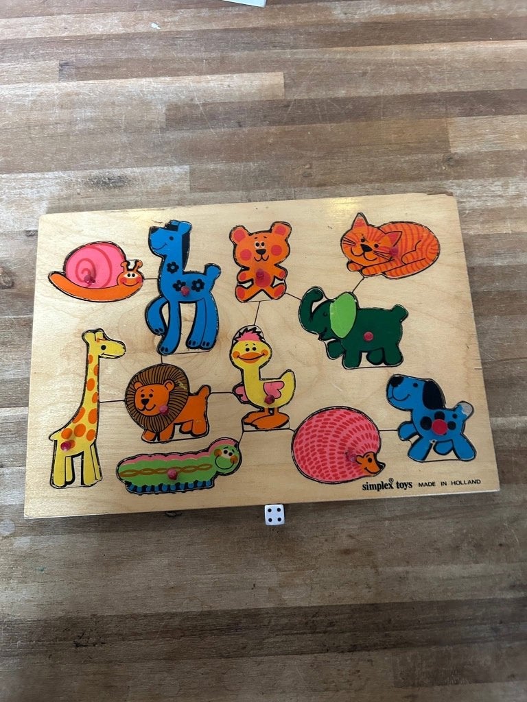 Vintage Simplex houten knoppenpuzzel dieren - jaren 70, Kinderen en Baby's, Speelgoed | Kinderpuzzels, Gebruikt, Ophalen of Verzenden