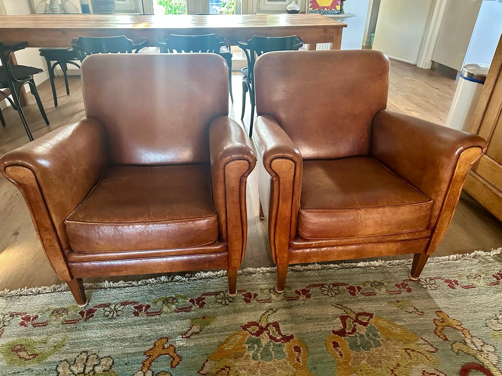 Set van 2 Vintage Leren Fauteuils - Cognacbruin, Huis en Inrichting, Fauteuils, Ophalen, Gebruikt, Leer, 75 tot 100 cm
