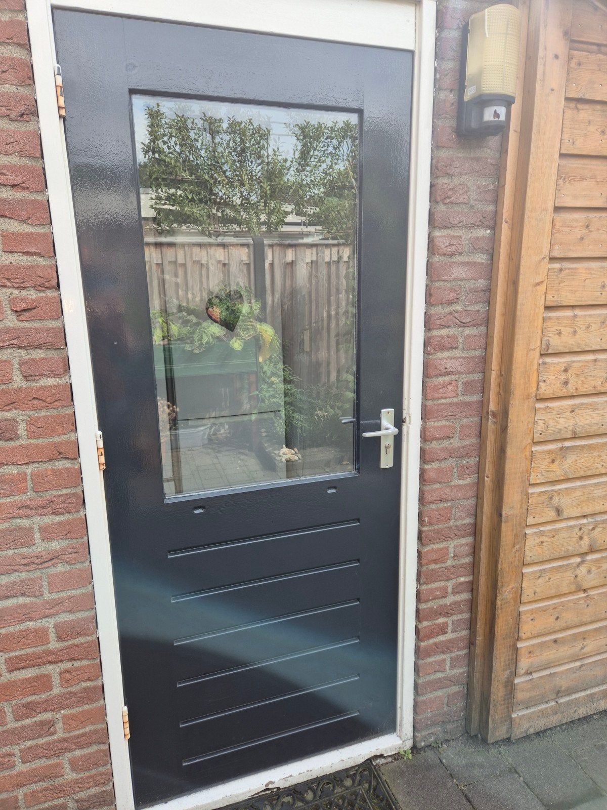 Donkergrijze  buitendeur met glas, Ophalen, Gebruikt, 80 tot 100 cm, Buitendeur