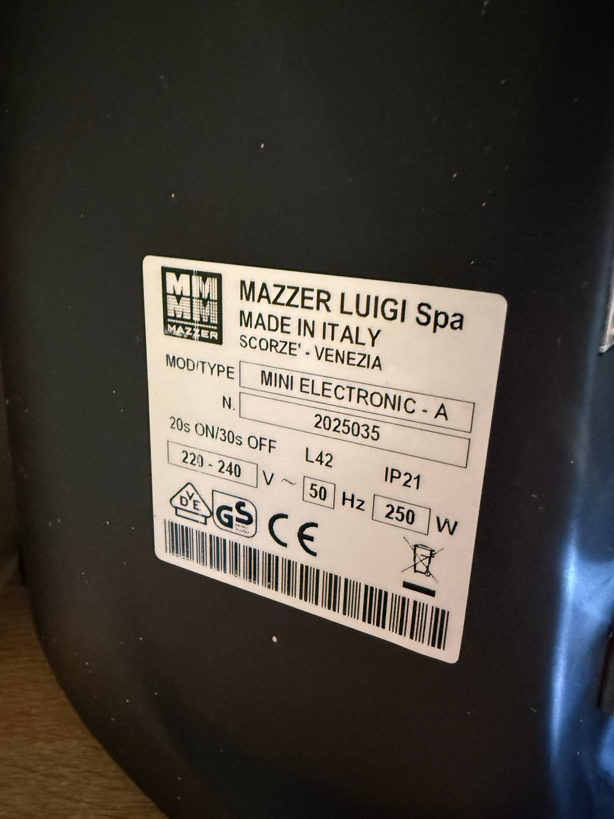 Mazzer Luigi Spa Mini Electronic A Koffiemolen, Ophalen, Gebruikt, Overige modellen, 10 kopjes of meer