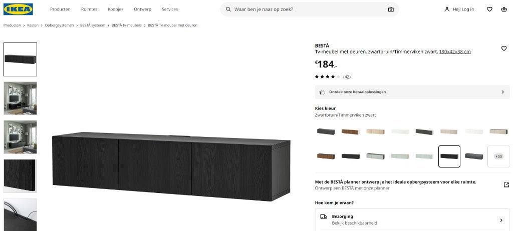 Besta Tv-meubel met deuren, zwartbruin/Timmerviken zwart, Ophalen, 150 tot 200 cm, Zo goed als nieuw, Minder dan 100 cm