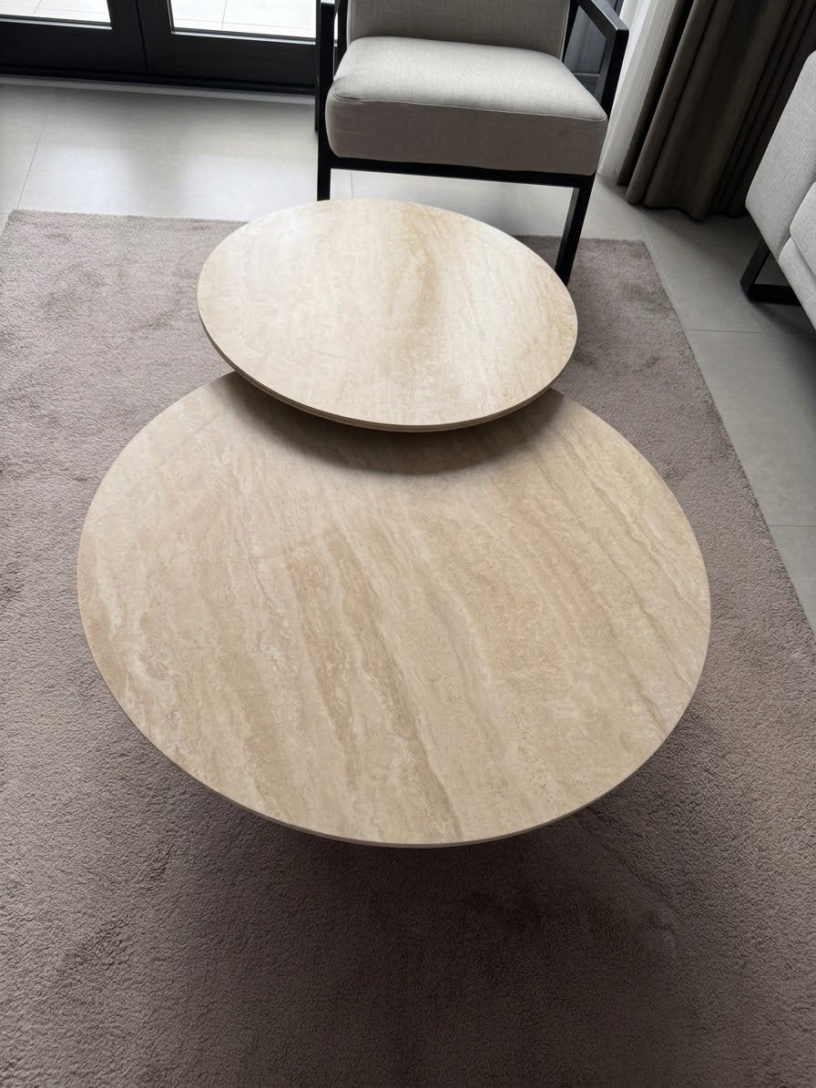 Set 2 ronde salontafels - Travertin look, Marmerlook, 50 tot 100 cm, Rond, Zo goed als nieuw