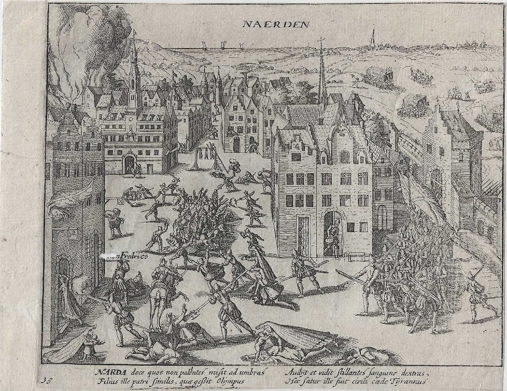 Naerden Moordpartij Naarden Spaanse troepen Don Frederik1572, Antiek en Kunst, Gravure, 13 cm, 16 cm, Blanco verso