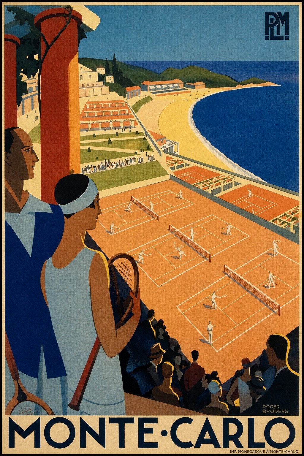 Vintage Monte Carlo Tennis Poster - Roger Broders, Ophalen of Verzenden, Sport, A1 t/m A3, Rechthoekig Staand
