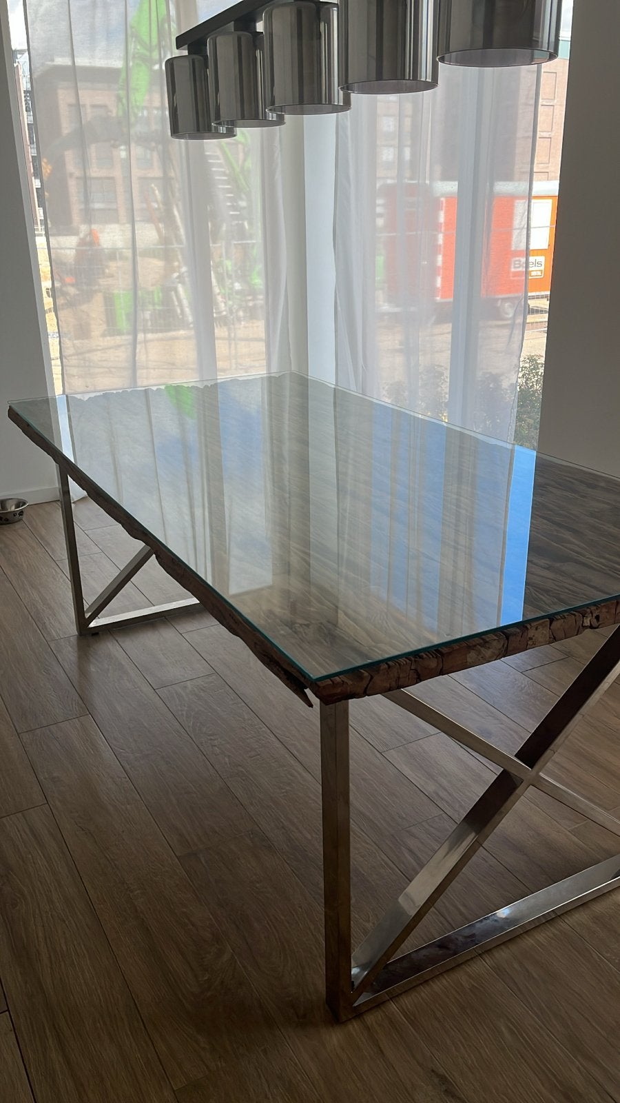 Op maat gemaakte houten tafel met glazen blad, Huis en Inrichting, Tafels | Eettafels, 100 tot 150 cm, Ophalen of Verzenden, Zo goed als nieuw