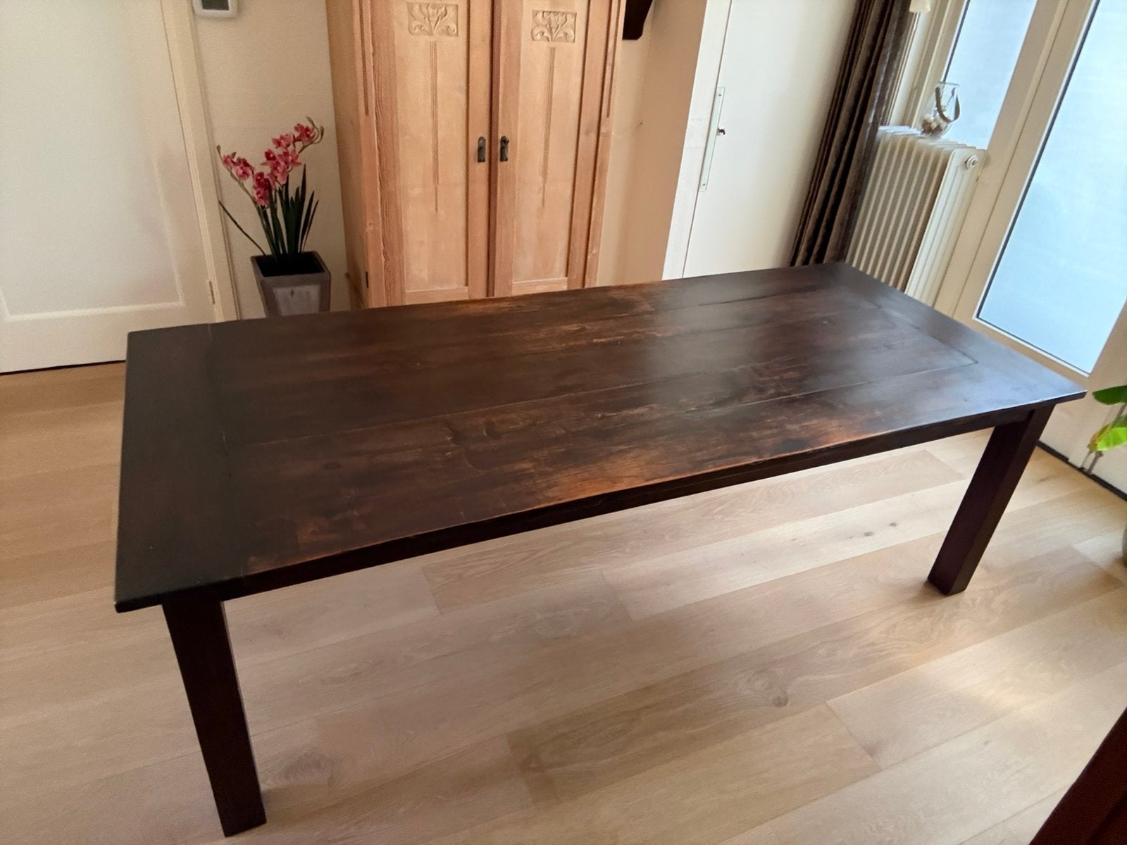 Teakhouten eetkamertafel., Ophalen, Teakhout, 200 cm of meer, 50 tot 100 cm