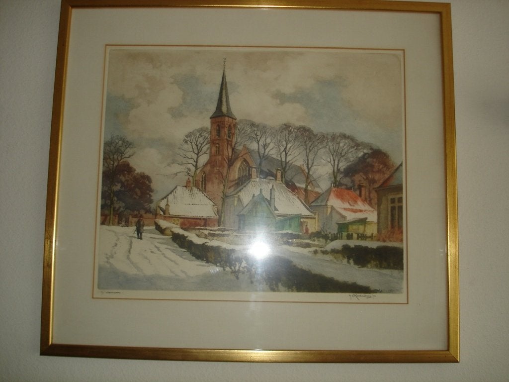Roodenburg gesigneerde ets 150 kleur Dorpskerk Wassenaar '51, Ophalen, Gedateerd, Realistisch, Overige technieken