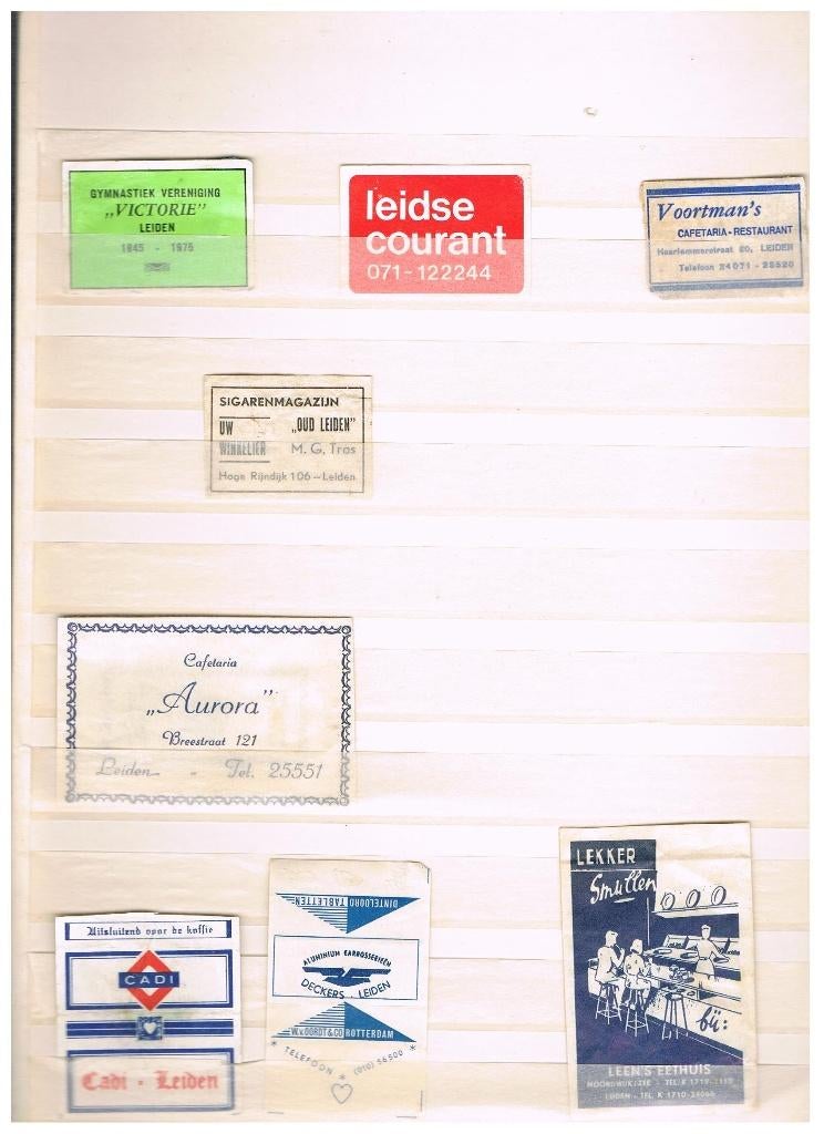 LEIDEN OUDE RECLAME ETIKETTEN, Verzamelen, Verzenden, Gebruikt, Luciferdoosjes of -merken