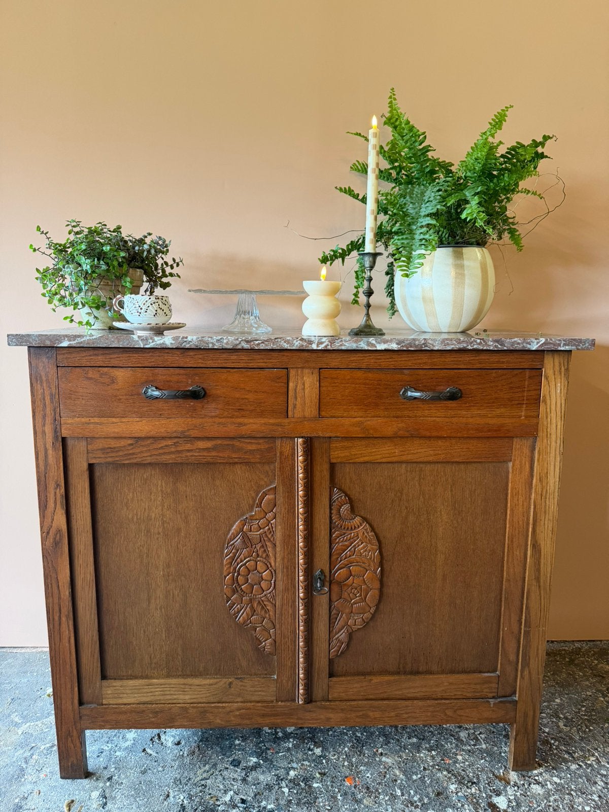 Smalle vintage houten commode met marmeren blad, Ophalen, Gebruikt
