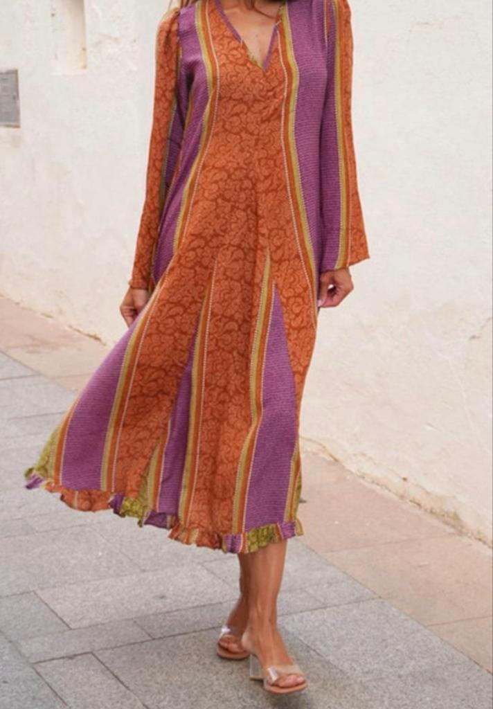 Sissel Edelbo Upcycled Sari Jurk - Uniek en Kleurrijk, Maat 38/40 (M), Verzenden, Oranje, Zo goed als nieuw