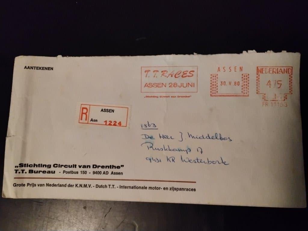 oude envelop tt bureau assen 1980, Ophalen of Verzenden, Gebruikt, Motoren
