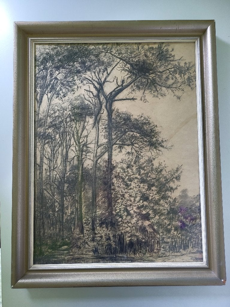 Vintage houtskool/krijttekening – boslandschap, Antiek en Kunst, Kunst | Schilderijen | Klassiek, Ophalen