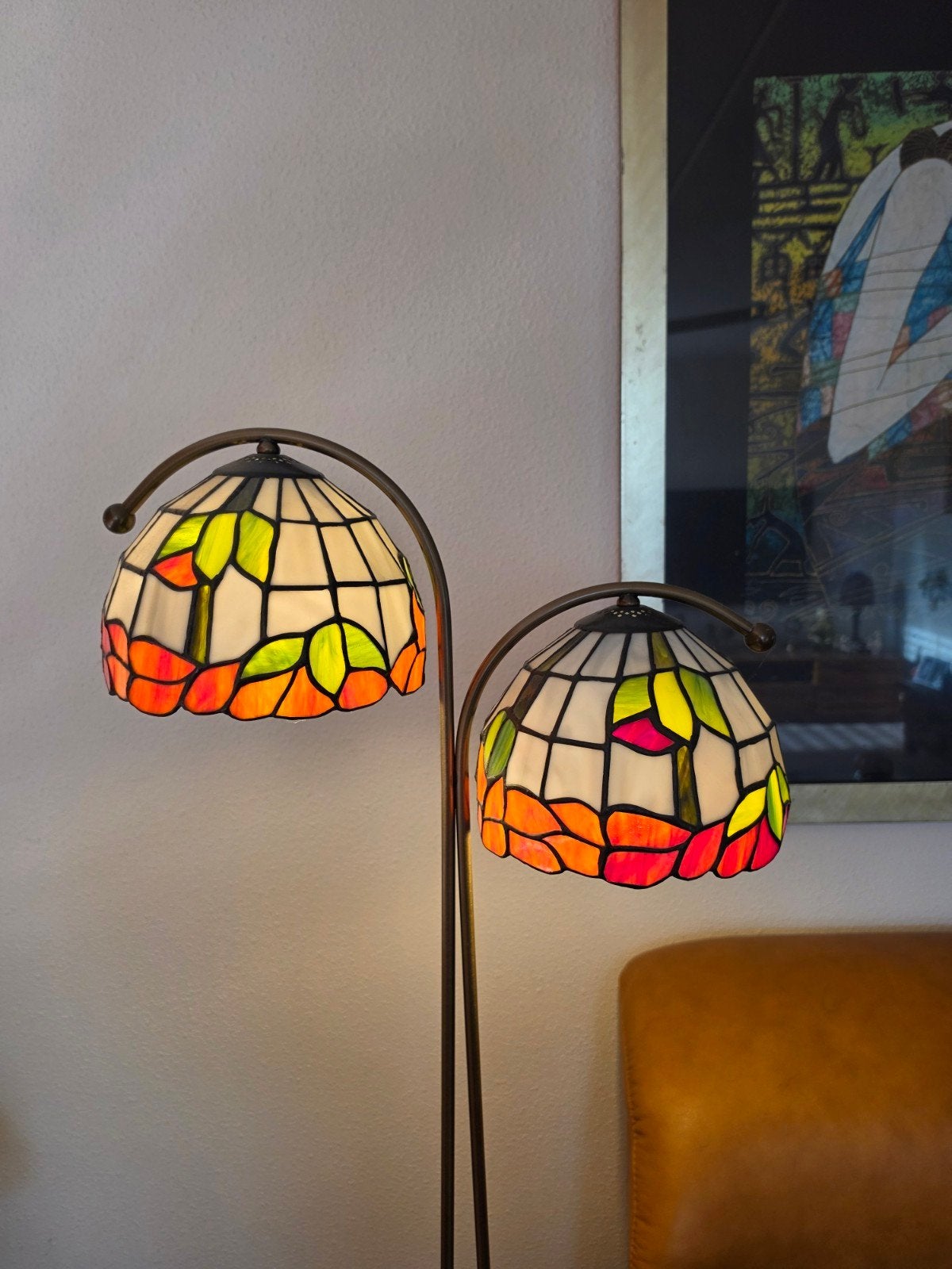 Tiffany Stijl Vloerlamp met Dubbele Kap, Ophalen, Gebruikt, E14 (klein), Glas