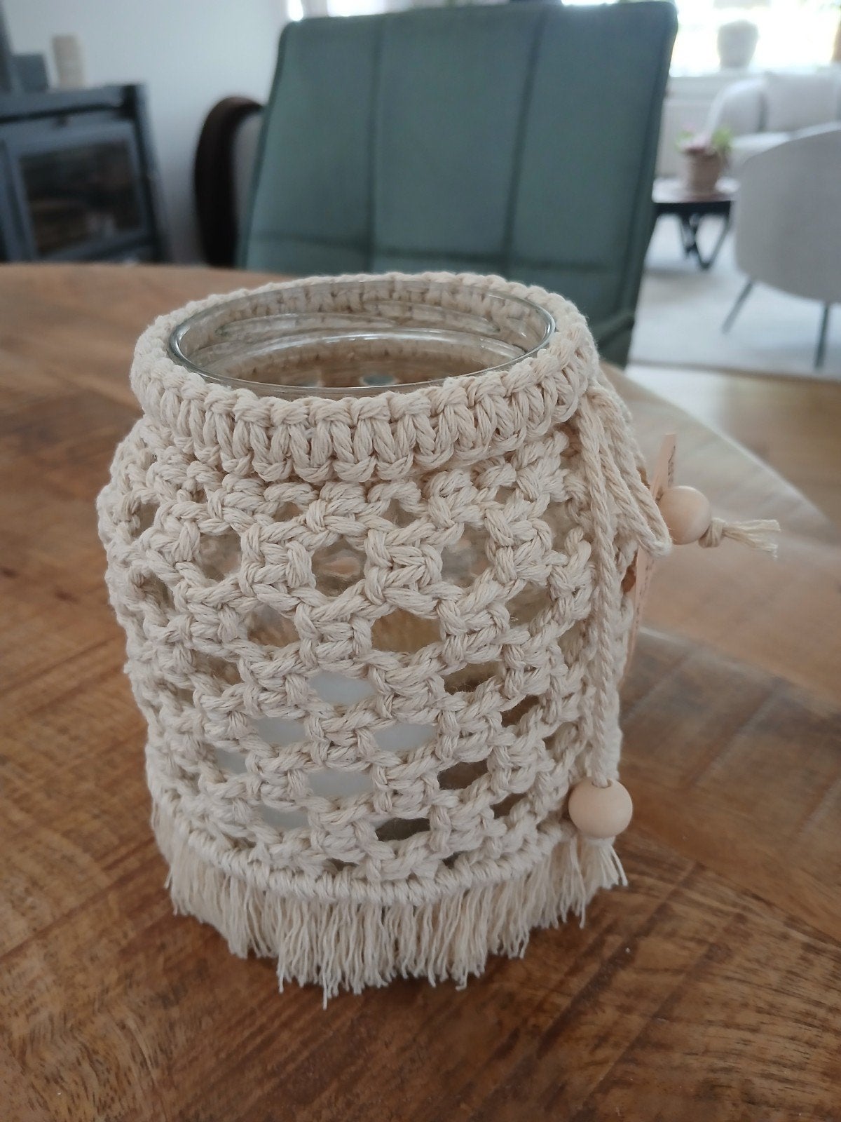 Macrame waxinelichthouder - Bohemian sfeerlicht, Beige, Natuurlijk materiaal, Waxinelichthouder, Nieuw