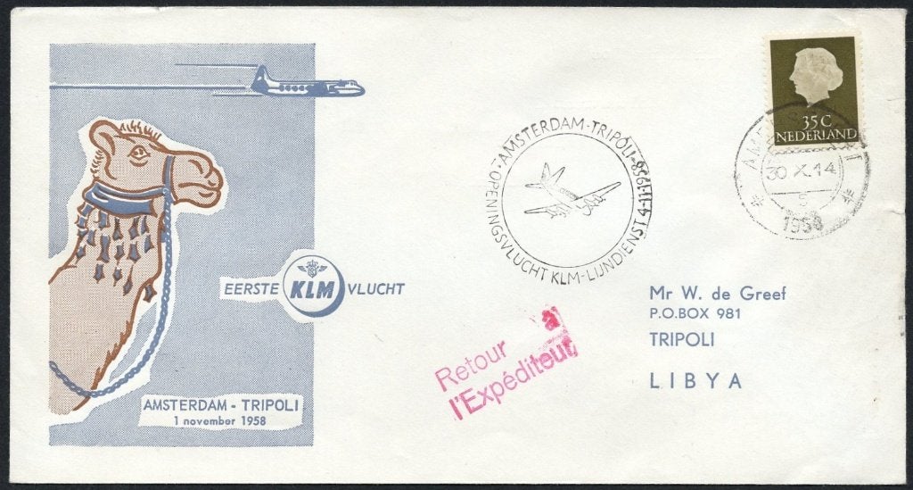 1e KLM vlucht Tripoli Libya 1958, Verzenden, Envelop
