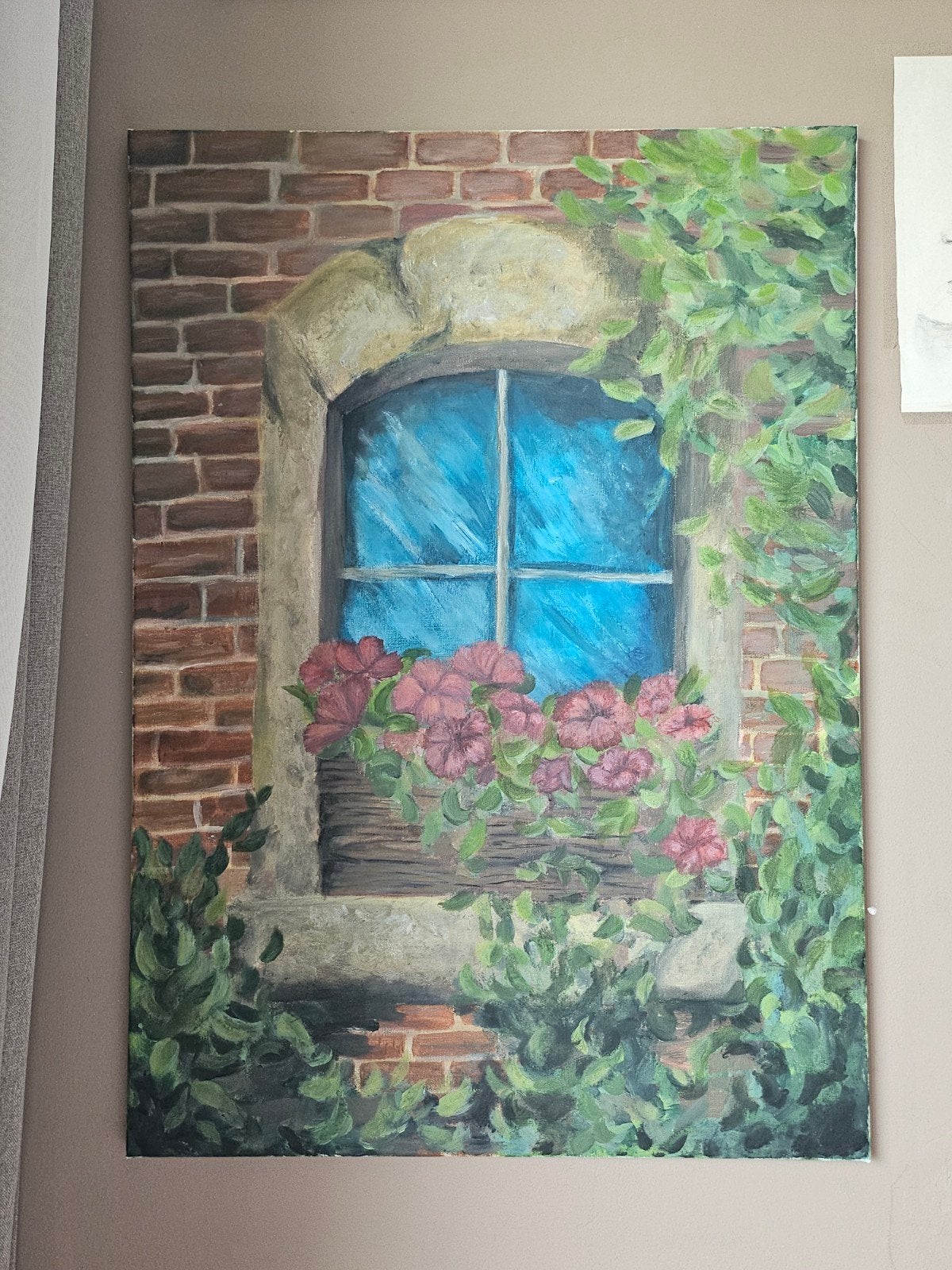 Schilderij: Raam met bloemen (70x50 cm), Acrylverf, Doek, Realistisch, Ophalen of Verzenden