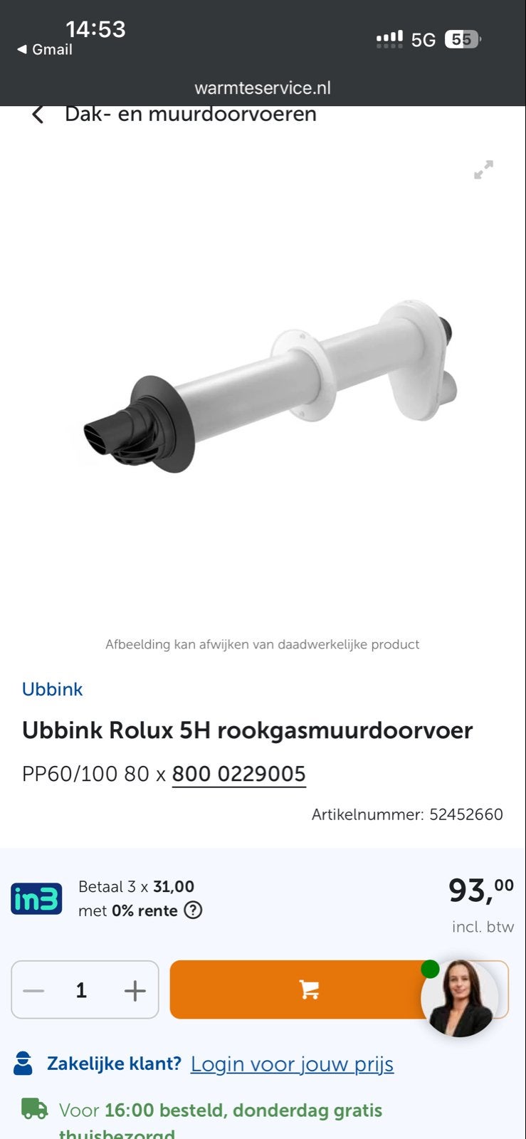 Ubbink Rolux 5H Rookgasmuurdoorvoer PP60/100 80x, Ophalen of Verzenden, Nieuw