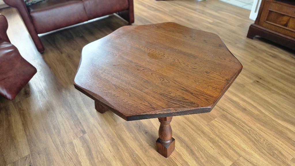 Vintage Eiken houten salontafel - 8-hoekig, Ophalen, Gebruikt, 100 tot 150 cm, Eikenhout