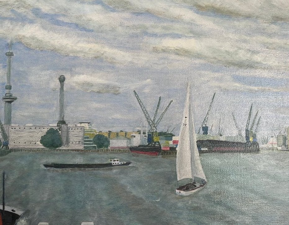 ️ Vintage 1987 Rotterdam Haven Schilderij (51x41 cm), Ophalen of Verzenden