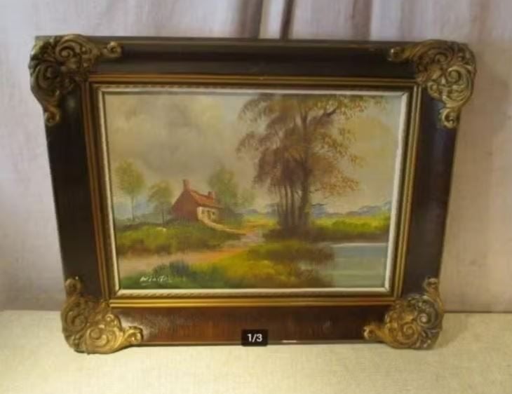 Mooi Oud Geschilderd Werk 'Rivier en Hoeve' - gesign, Doek, Ophalen of Verzenden, Olieverf, Landschap