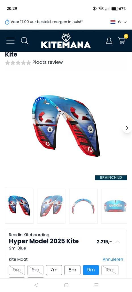 Reedin hypermodel brainchild 9m2 top staat, Watersport en Boten, Kitesurfen, Geen board, Ophalen of Verzenden