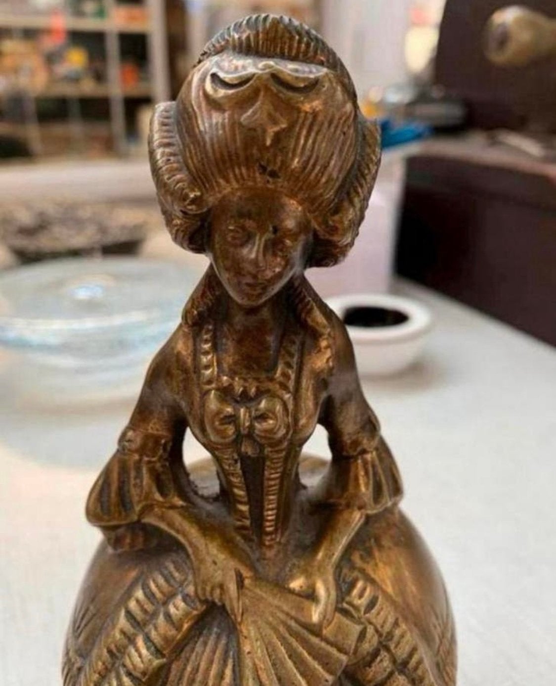 Bel antieke bronzen koper barok tafelbel, dame Hemony Bell,, Ophalen of Verzenden