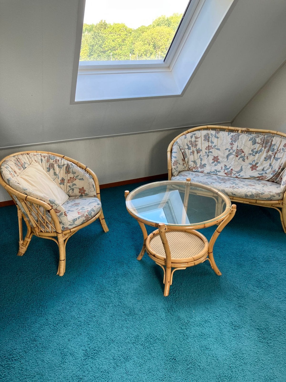 Vintage Rotan Loungeset met Glazen Salontafel en Kussens, Ophalen, Gebruikt, Rotan, 3 zitplaatsen