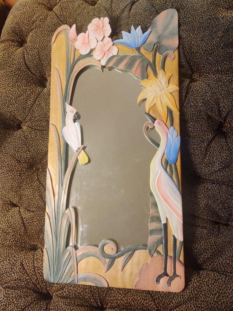 Vintage tropische houten spiegel 80x40 cm, Ophalen, Rechthoekig, Minder dan 50 cm, Minder dan 100 cm