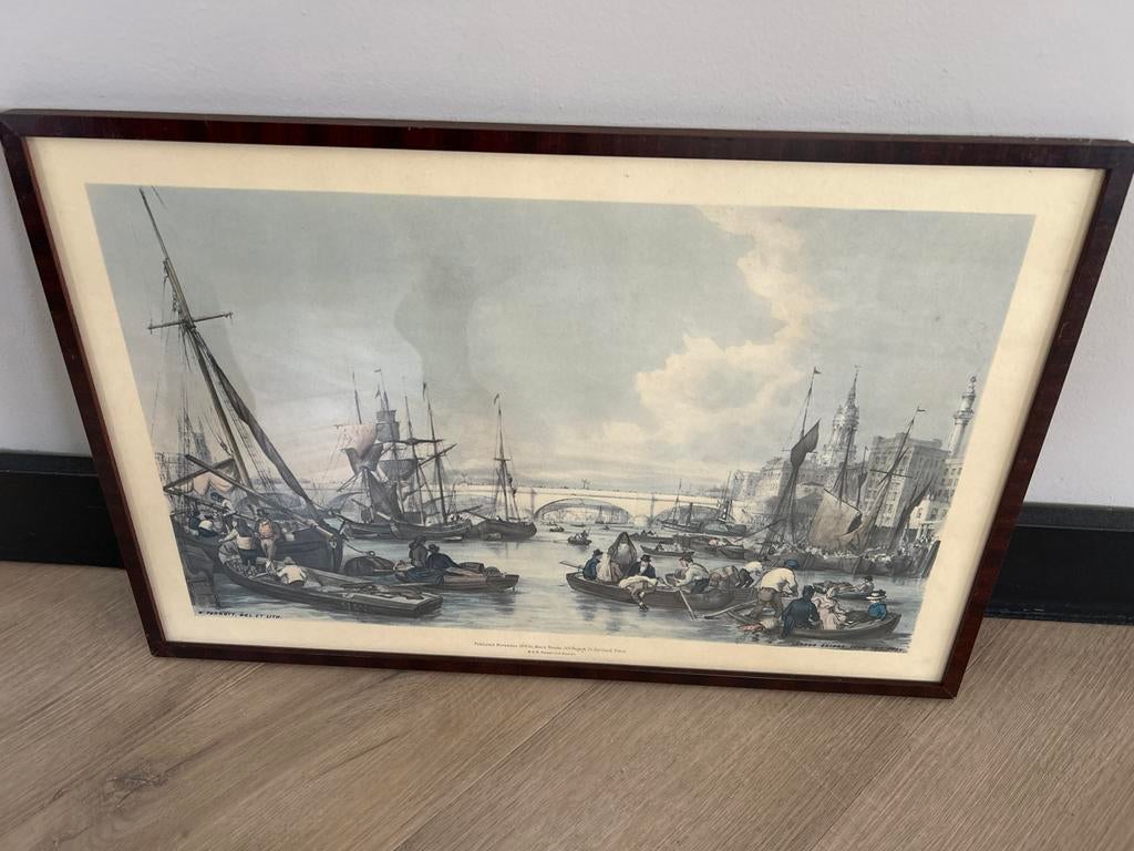 Antieke Litho: Drukte bij London Bridge, 1841 - W. Parrott, Antiek en Kunst, Ingelijst, 1800 - 1899, Stadsgezicht, Ophalen of Verzenden