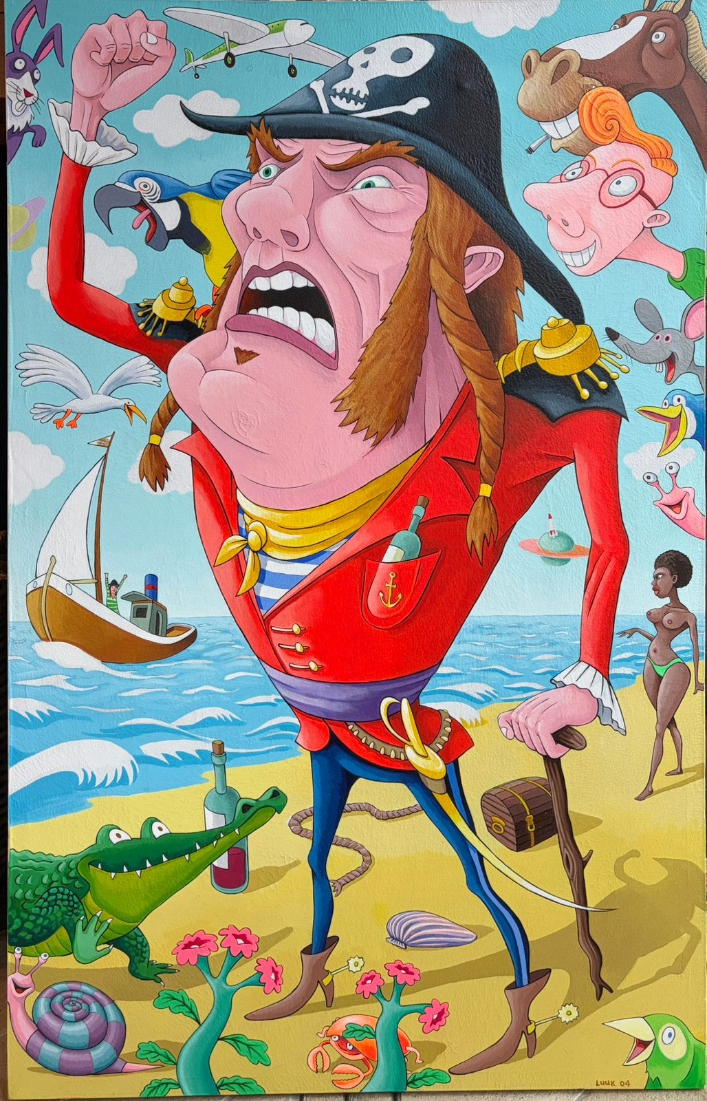 De Piraat - Luuk de Greef - 80x125 cm, Ophalen, Acrylverf, Textiel, Stripfiguren/cartoons