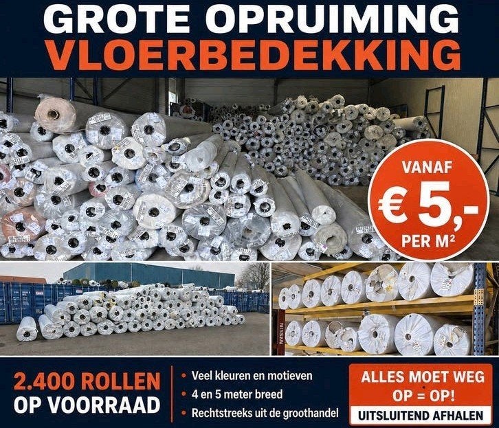 GROTE OPRUIMING VLOERBEDEKKING - Vanaf €4,- p/m², Huis en Inrichting, Ophalen, Nieuw, 75 m² of meer, Tapijt