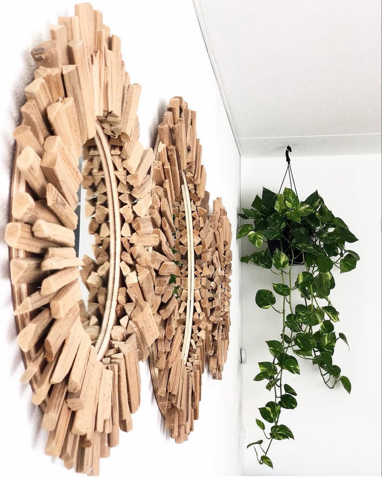 Set van 3 ronde spiegels met houten frame, Ophalen, Gebruikt, Rond, 75 tot 100 cm