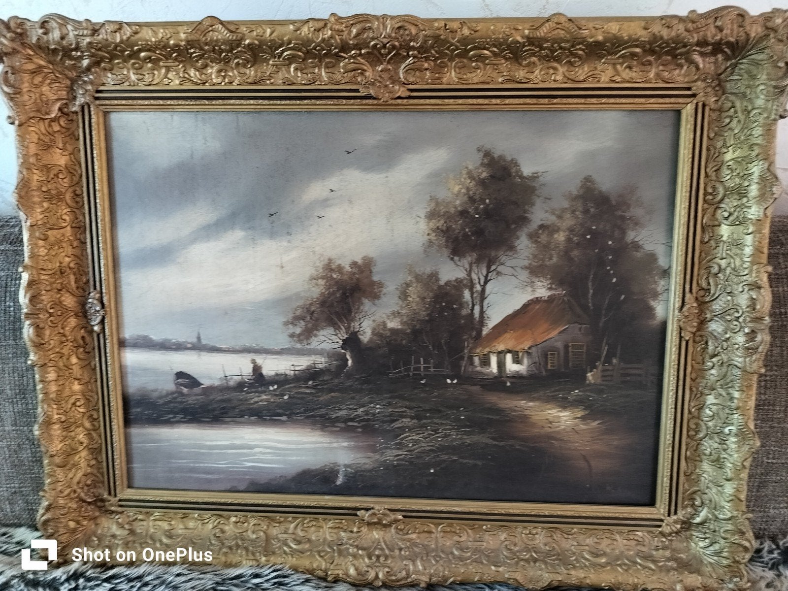 Antiek Schilderij Landschap met Boerderij 87x67 cm, Antiek en Kunst, Doek, Ophalen of Verzenden, Landschap, Olieverf