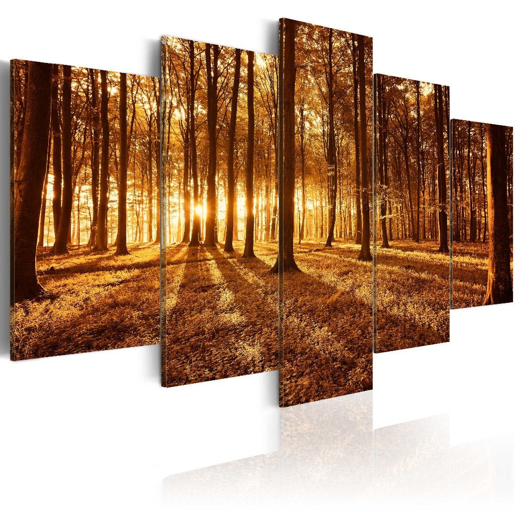 145 Zonlicht Bos Natuur 5 Luik Canvas Schilderij 200x100cm, Ophalen of Verzenden, Landschap