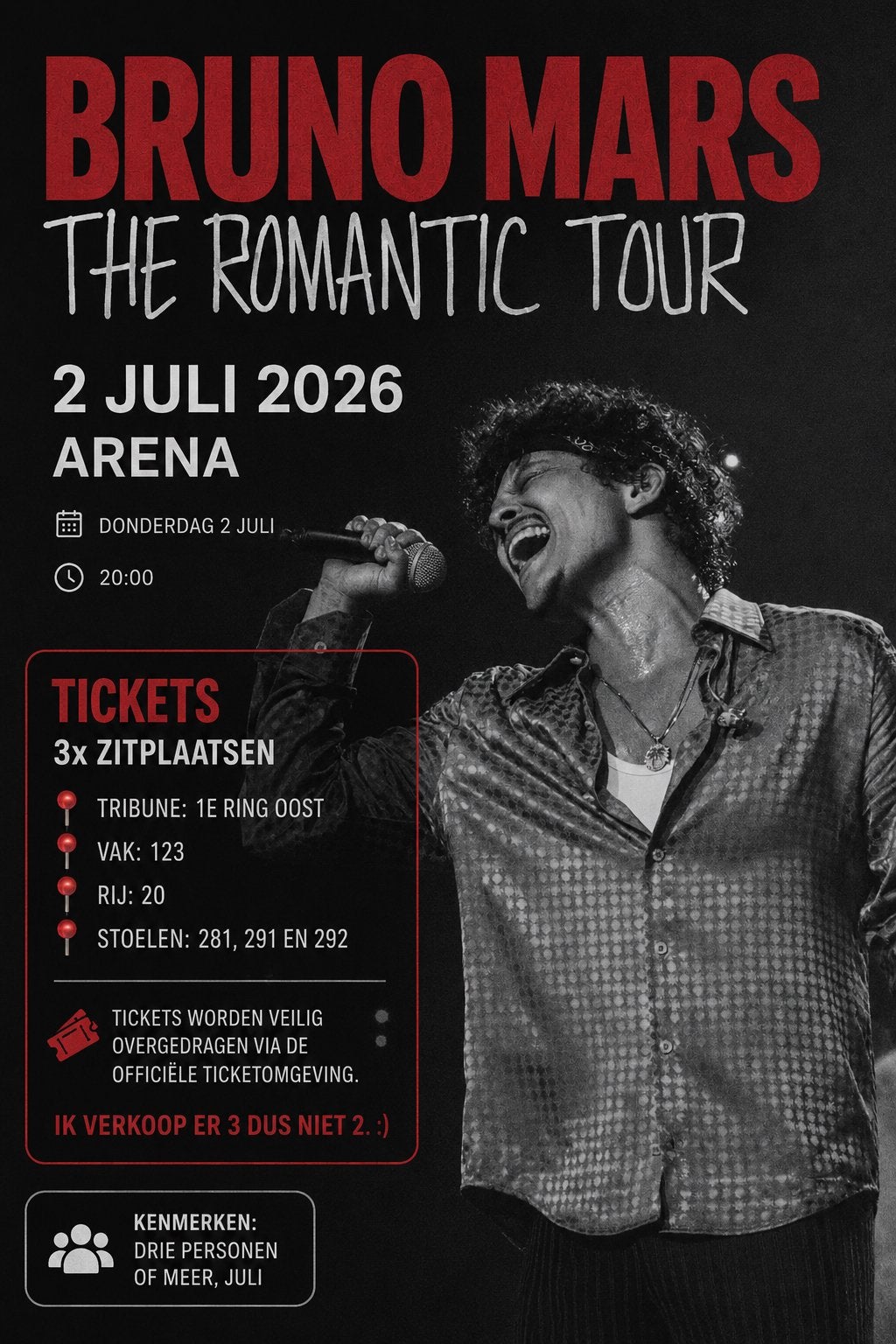 3x Bruno Mars Tickets, 2 juli, zitplaatsen, Drie personen of meer, Juli