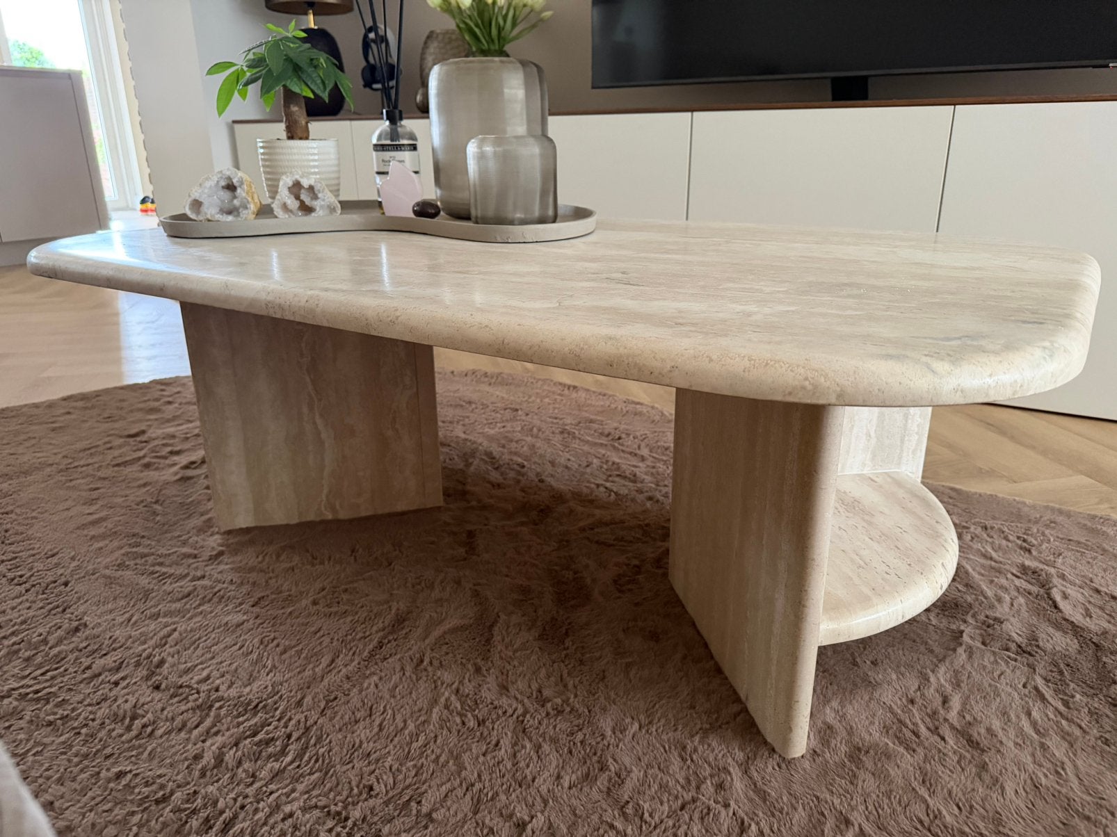 Travertin Salontafel Massief Vintage, Ophalen, 100 tot 150 cm, Zo goed als nieuw, 50 tot 100 cm