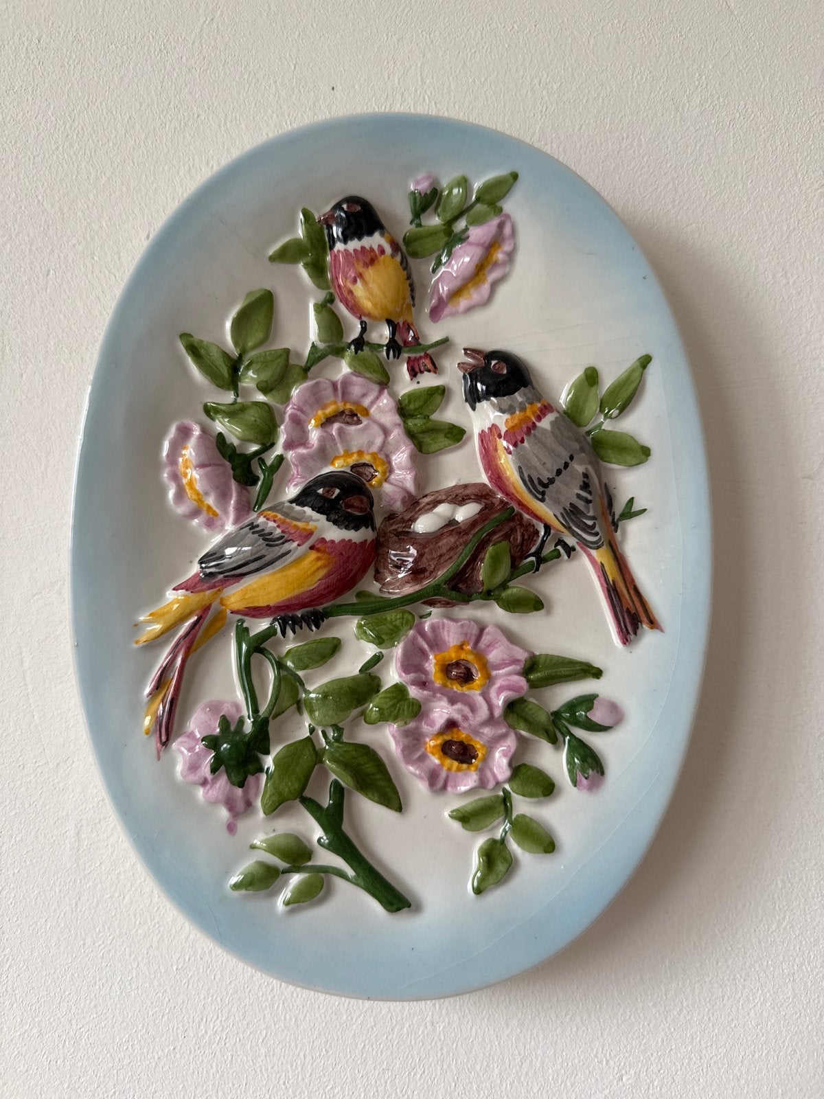 Vintage Wandbord Vogels en Bloemen 21x25,5 cm, Antiek en Kunst, Ophalen