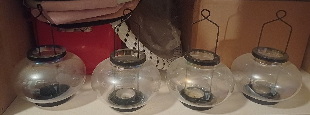 kandelaars windlichten, metaal, echt glas, 4 stuks, hangen, Gebruikt, 26 cm, Ophalen of Verzenden, Glas
