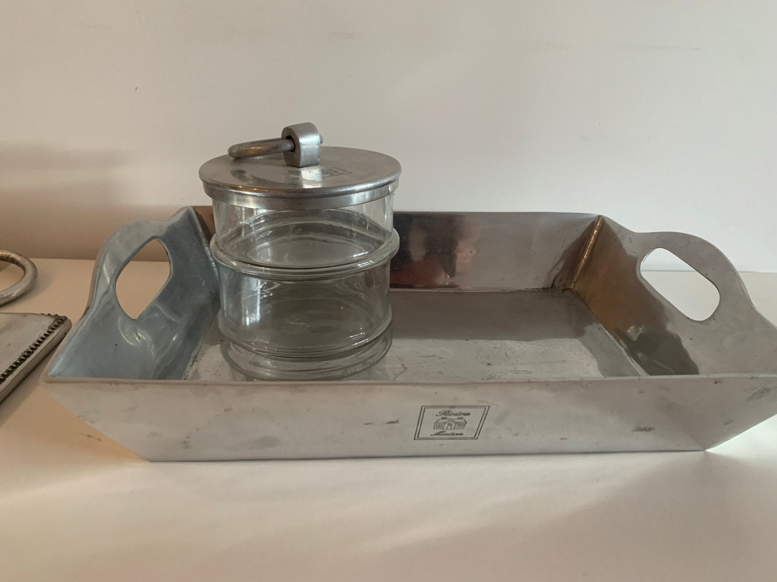 Riviera Maison dienblad met glazen pot, Ophalen, Gebruikt, Dienblad, Metaal