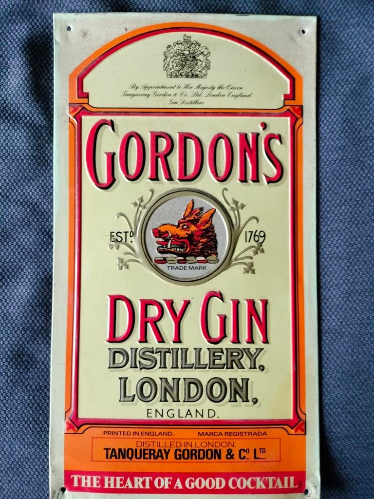Metalen reclame plaat van Gordon 's Gin, Verzamelen, Merken en Reclamevoorwerpen, Gebruikt, Reclamebord, Ophalen of Verzenden