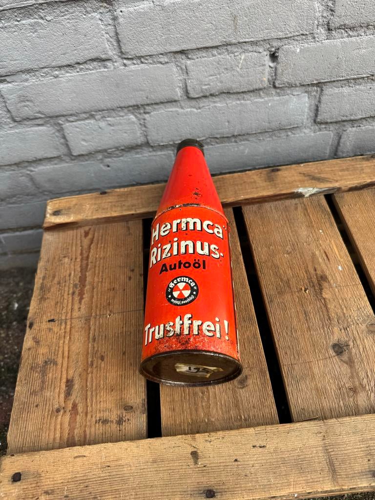 Vintage Hermca Rizinus Autoöl blik Conisch, Verzamelen, Gebruikt, ., ., .