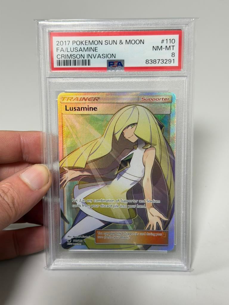 2017 Pokémon Sun Moon Crimson Invasion Lusamine - PSA 8, Ophalen of Verzenden, Zo goed als nieuw, Losse kaart, Foil