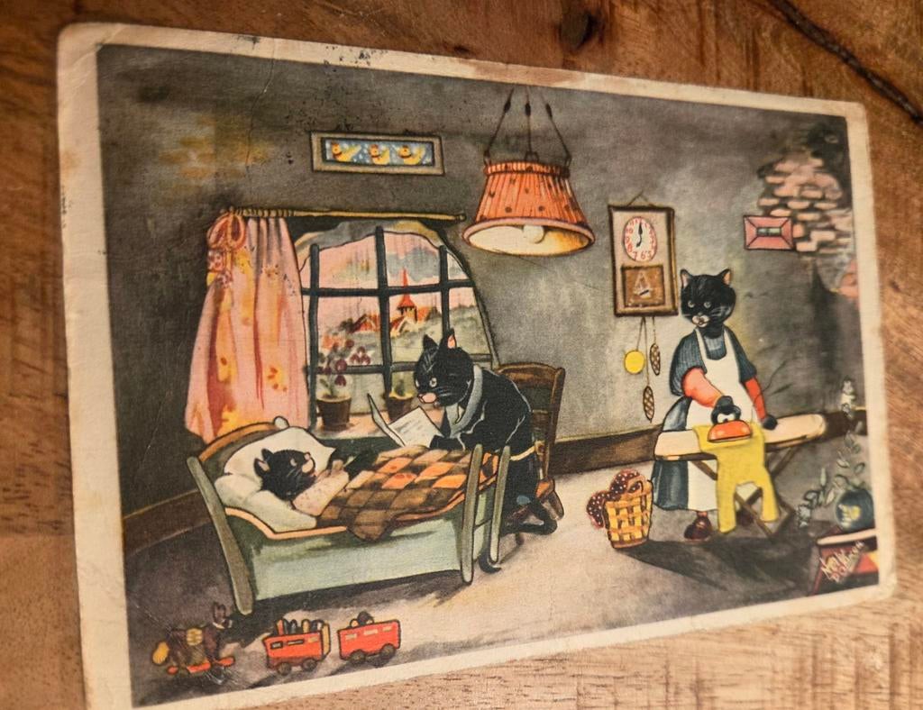 Aangeklede poezen in huiskamer - Annie Donker, Verzenden, 1940 tot 1960, Gelopen, Kinderen