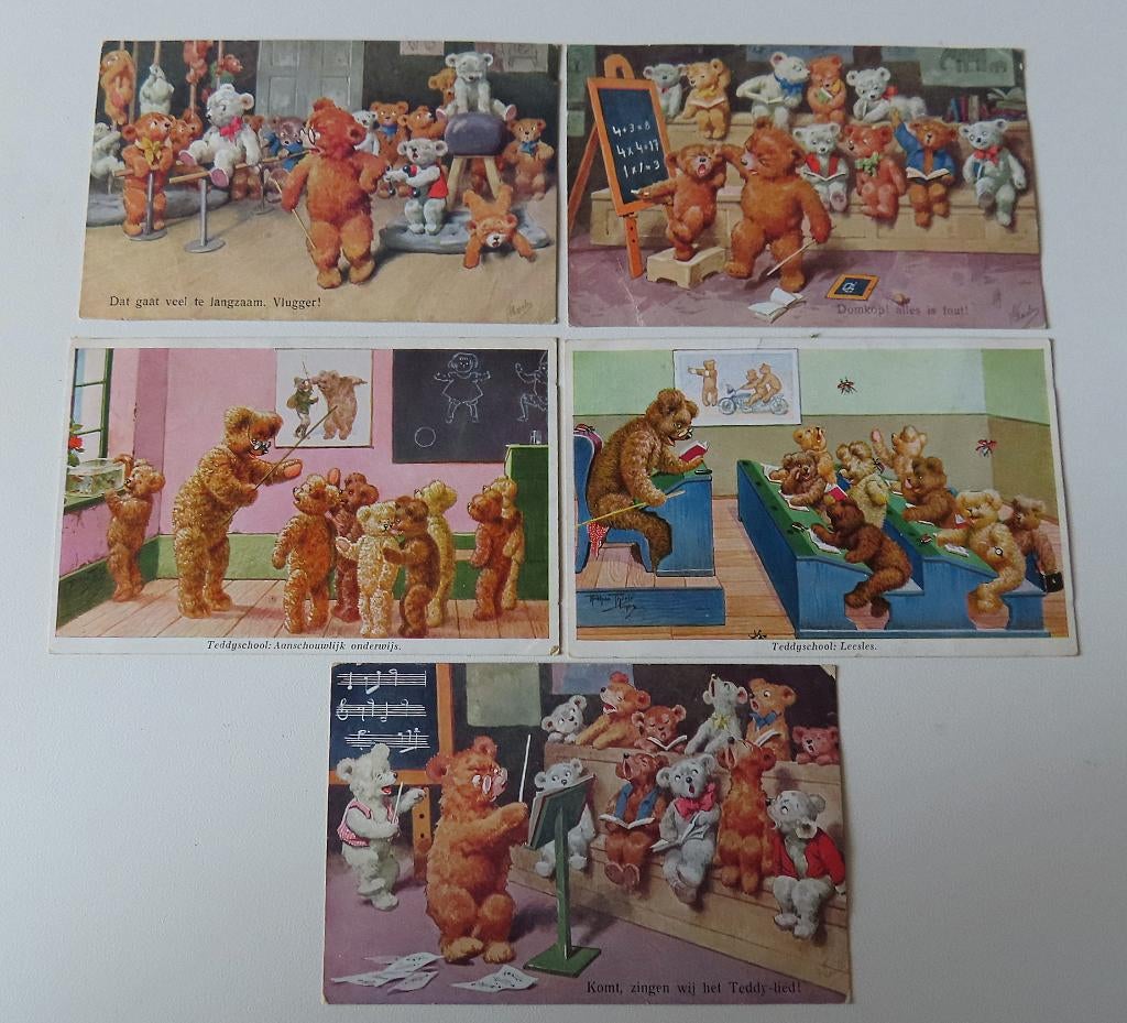 Uit inboedel: 5 x Arthur Thiele(1860-1936) In de Teddyschool, Ophalen of Verzenden, Voor 1920, Gelopen, Overige thema's