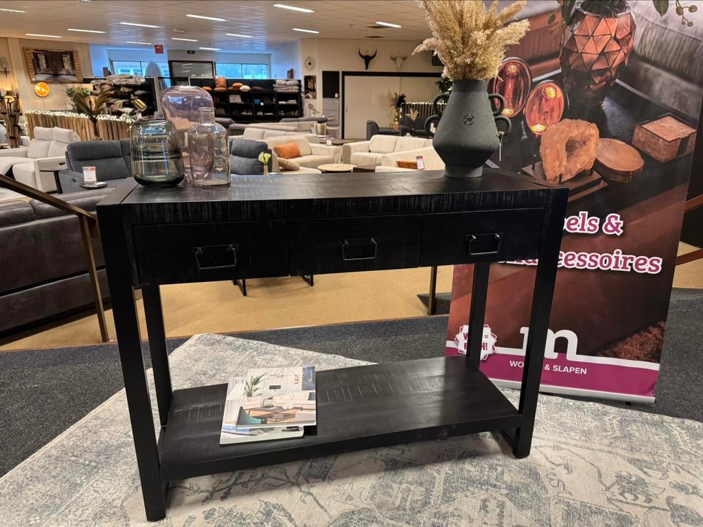 Sidetable Zwart mango/Staal 120cm 3-lades Direct/Leverbaar, 100 tot 150 cm, Nieuw, Mwonenenslapen, Mwonenenslapen@ziggo,nl
